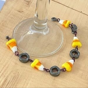 Glass Candy Corn & Geometric Hematite Bracelet Halloween Fall Autumn Gift